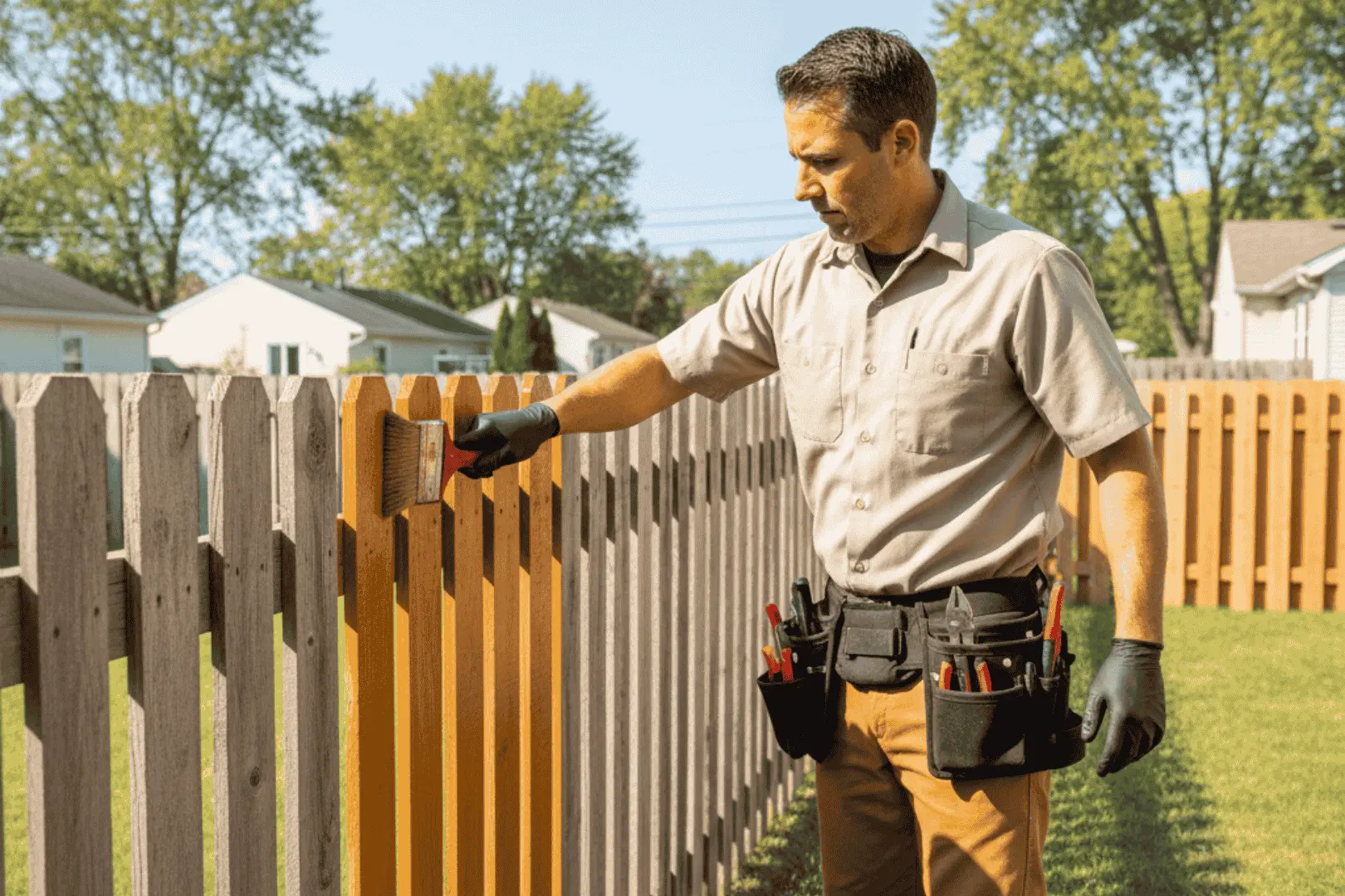 man staining a fence in Rochester NY