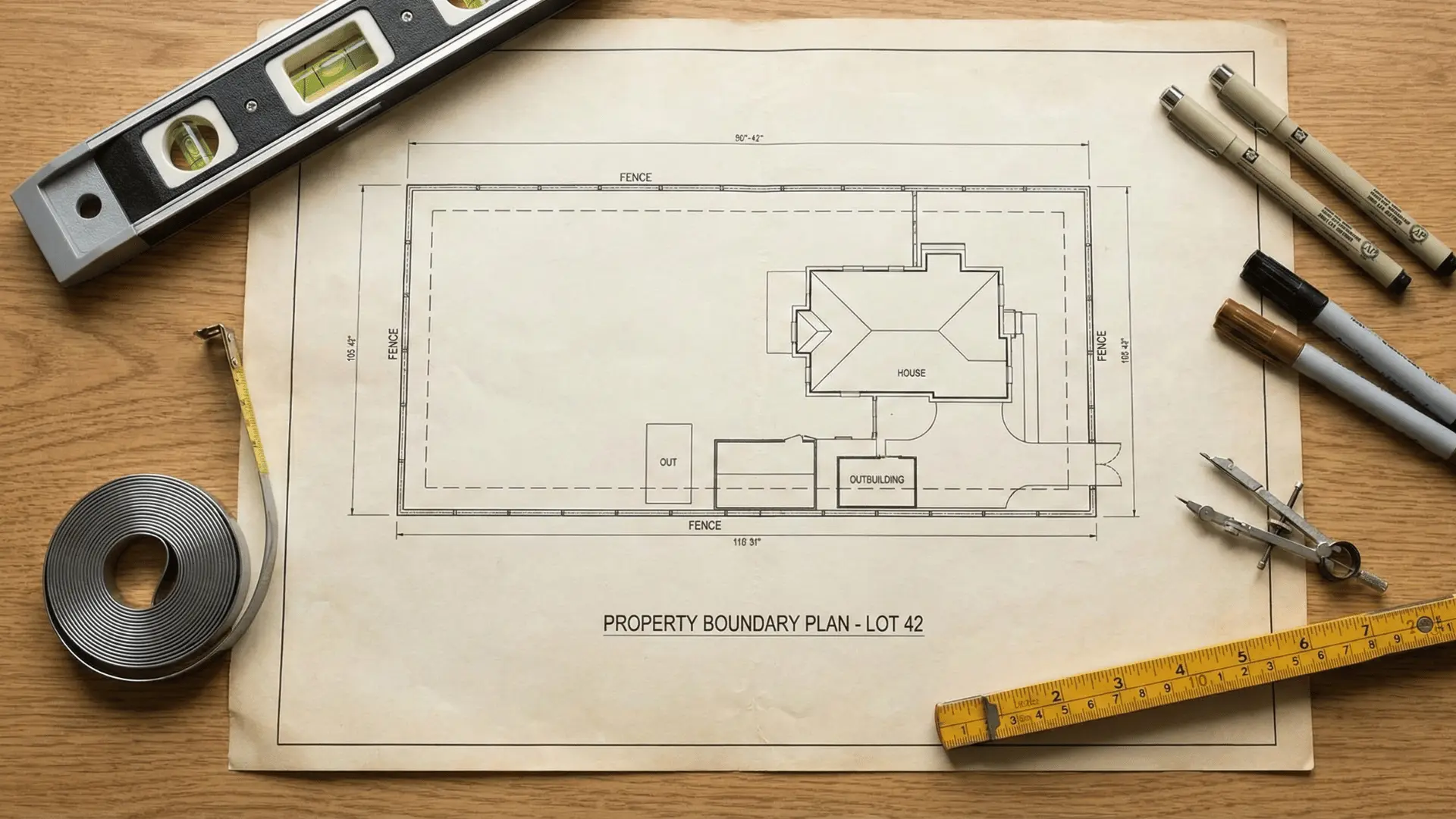 Home fence plan layout on a desk with markers and leveling tools