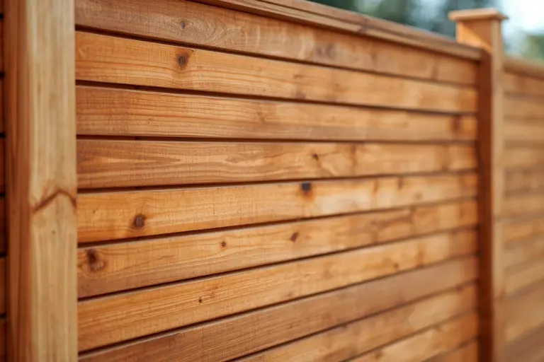 Horizontal slat wooden fence in brown